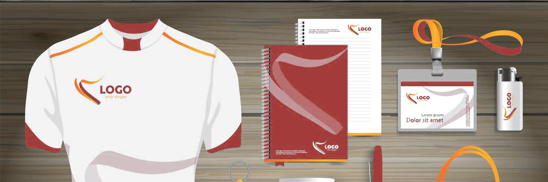 Samples of promo items: shirt with company logo, notebook cover with company branding, pen, bag, lighter, etc.