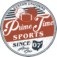 Prime Time Sports in a circle with Custom Uniforms at top, since '07 Akron Ohio on the bottom, in red, white and dark blue