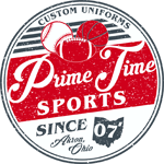 Prime Time Sports in a cirle with Custom Uniforms at top, since '07 Akron Ohio on the bottom, in red, white and dark blue.