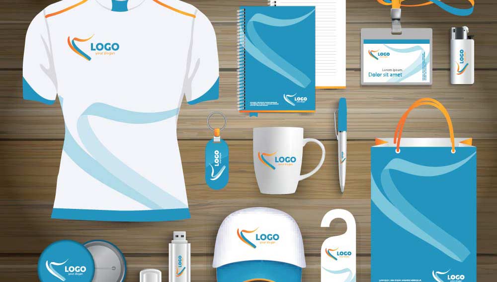 Array of promotional items like tshirt withlogo, hat, mug, pen, lanyard, etc.